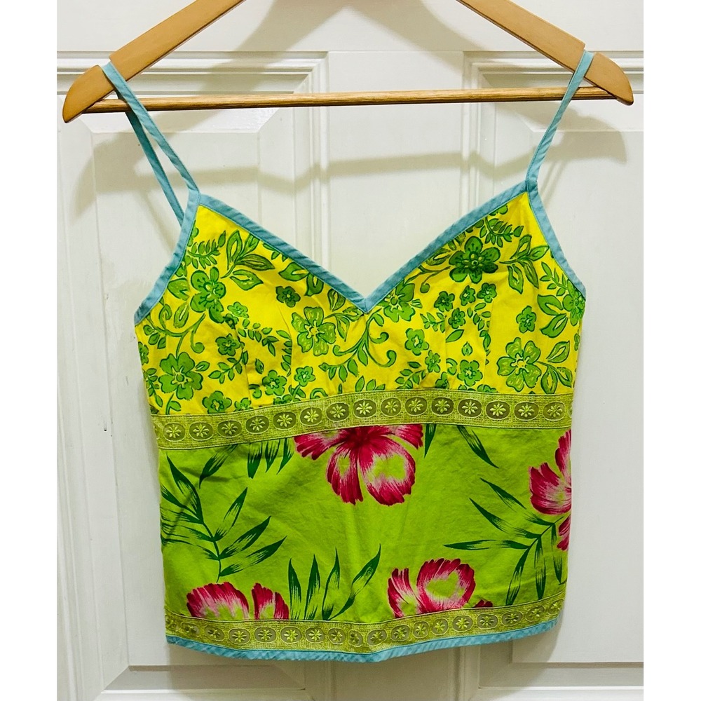 Roxy Quiksilver Vintage Womens Floral Camisole Top Green Yellow Pink Cotton Y2K